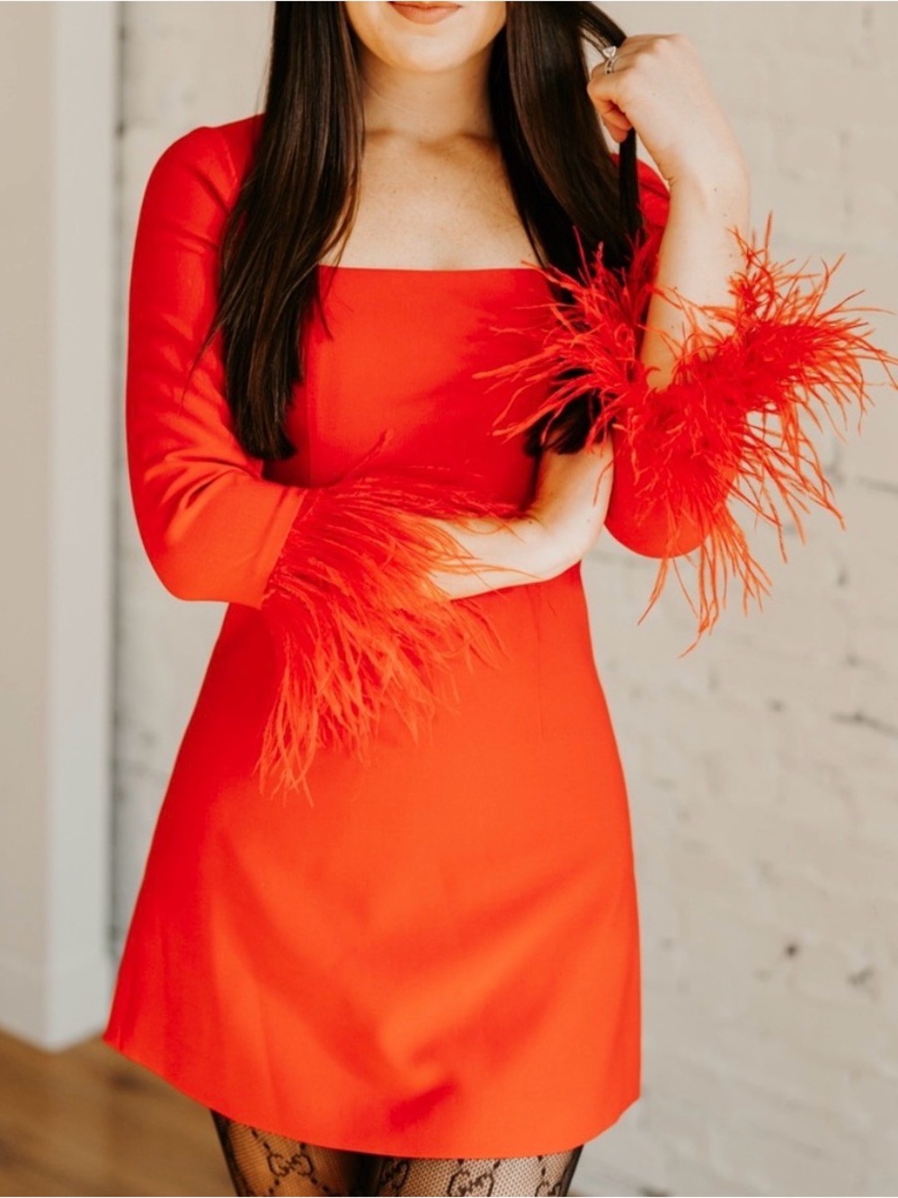 Likely Dresses | Red Feather-Trim Square Neck Mini Dress - Women's